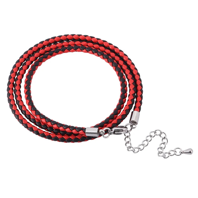 Red Braided Leather Bracelet Multilayer Wrap Adjustable FR0536