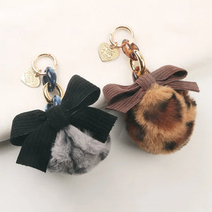 Fluffy Ball Bow Keychain Ring Pendant Love Leopard Handbag Jewelry