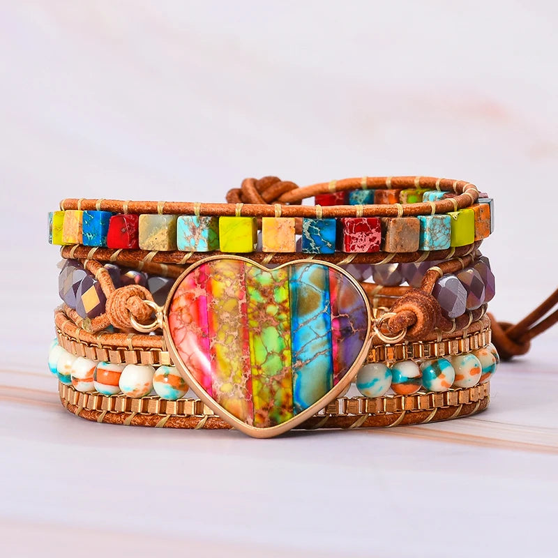 Gemstone Love Heart Wrap Bracelets Leather Bohemian