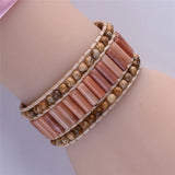 Women Bracelets Tube Shape Natural Stones Leather Wrap Bracelet Beaded Cuff