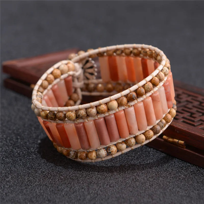 Women Bracelets Tube Shape Natural Stones Leather Wrap Bracelet Beaded Cuff