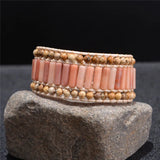 Women Bracelets Tube Shape Natural Stones Leather Wrap Bracelet Beaded Cuff