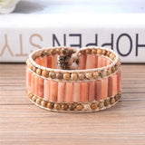 Women Bracelets Tube Shape Natural Stones Leather Wrap Bracelet Beaded Cuff