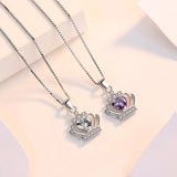 925 Silver Crown Zircon Pendant Necklace Purple & Heart Rhinestone Chain