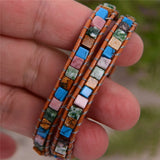 Women Leather Bracelets High End Mixed Natural Stones Vintage Weaving Bead