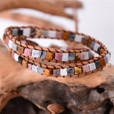 Women Leather Bracelets Natural Stones 2 Strands Wrap Bracelets