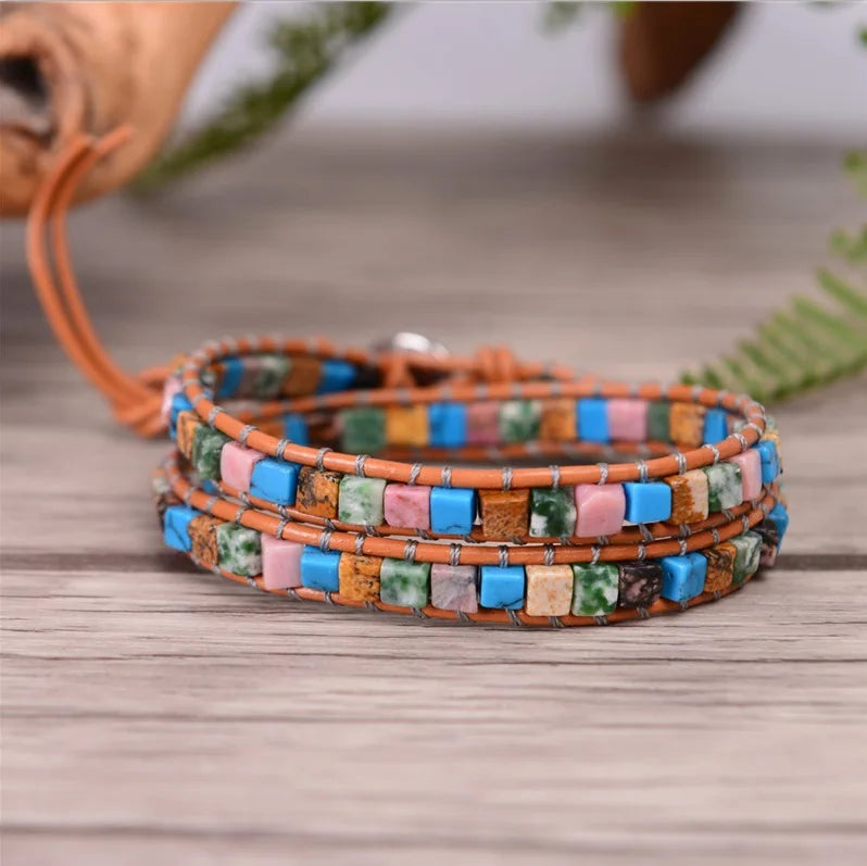 Women Leather Bracelets High End Mixed Natural Stones Vintage Weaving Bead