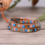 Women Leather Bracelets High End Mixed Natural Stones Vintage Weaving Bead