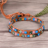 Women Leather Bracelets High End Mixed Natural Stones Vintage Weaving Bead