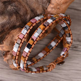 Women Leather Bracelets Natural Stones 2 Strands Wrap Bracelets