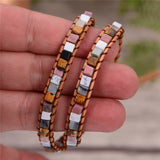 Women Leather Bracelets Natural Stones 2 Strands Wrap Bracelets