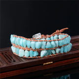 Women Leather Bracelets Amazonite 2 Strands Wrap Boho Friendship Bracelet