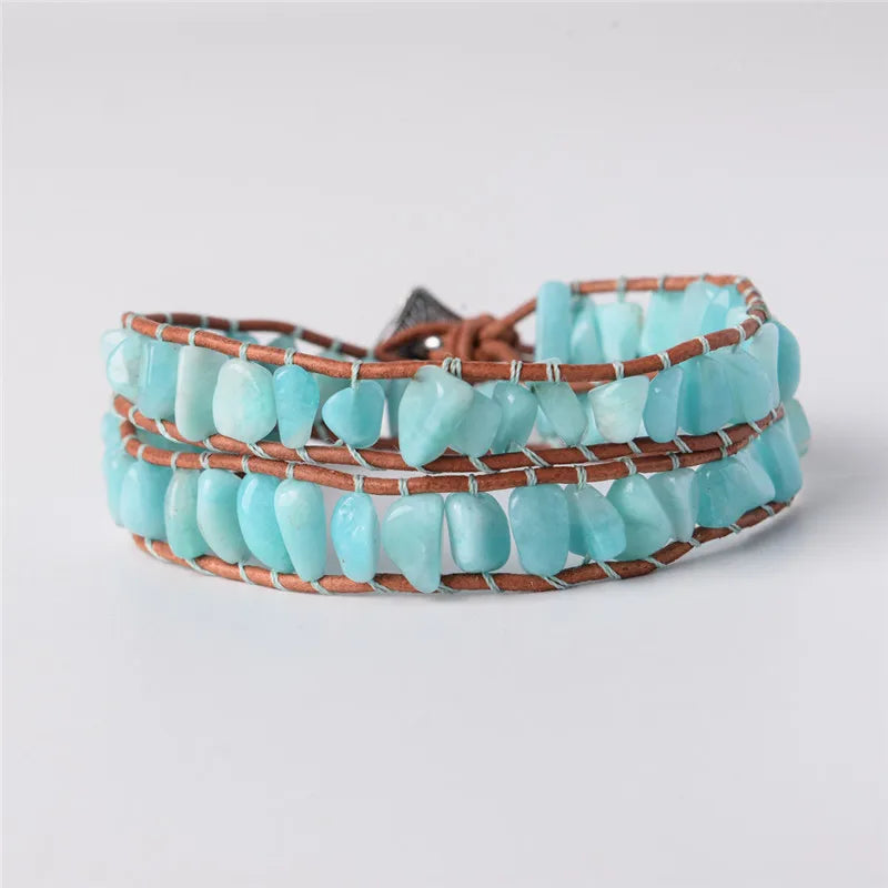 Women Leather Bracelets Amazonite 2 Strands Wrap Boho Friendship Bracelet