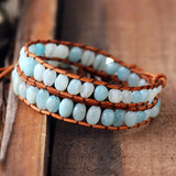 Women Leather Bracelets Two Strands Wrap with Amazonite Vintage Boho
