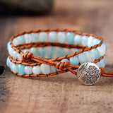 Women Leather Bracelets Two Strands Wrap with Amazonite Vintage Boho