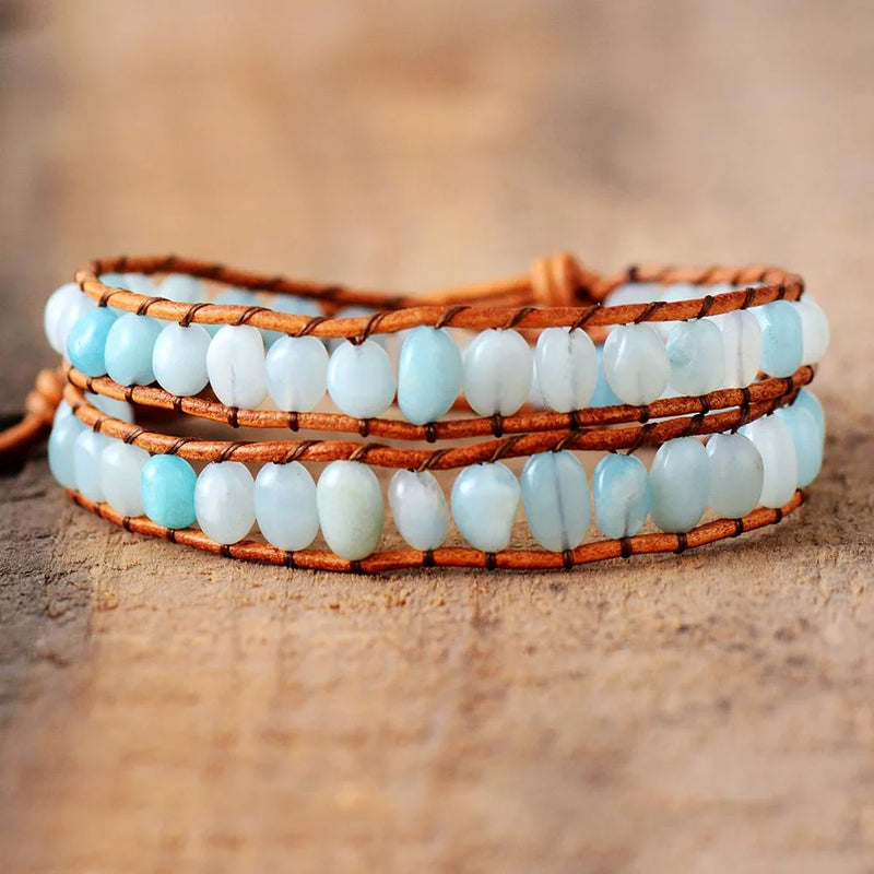 Women Leather Bracelets Two Strands Wrap with Amazonite Vintage Boho