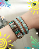 Women Leather Bracelets Two Strands Wrap with Amazonite Vintage Boho