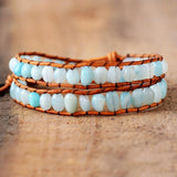 Women Leather Bracelets Two Strands Wrap with Amazonite Vintage Boho