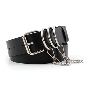 Women Leather Chain Ring Belt Square Pin Buckle Waistband
