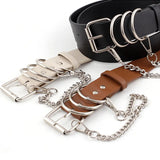 Women Leather Chain Ring Belt Square Pin Buckle Waistband