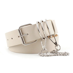 Women Leather Chain Ring Belt Square Pin Buckle Waistband