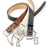 Women Leather Chain Ring Belt Square Pin Buckle Waistband