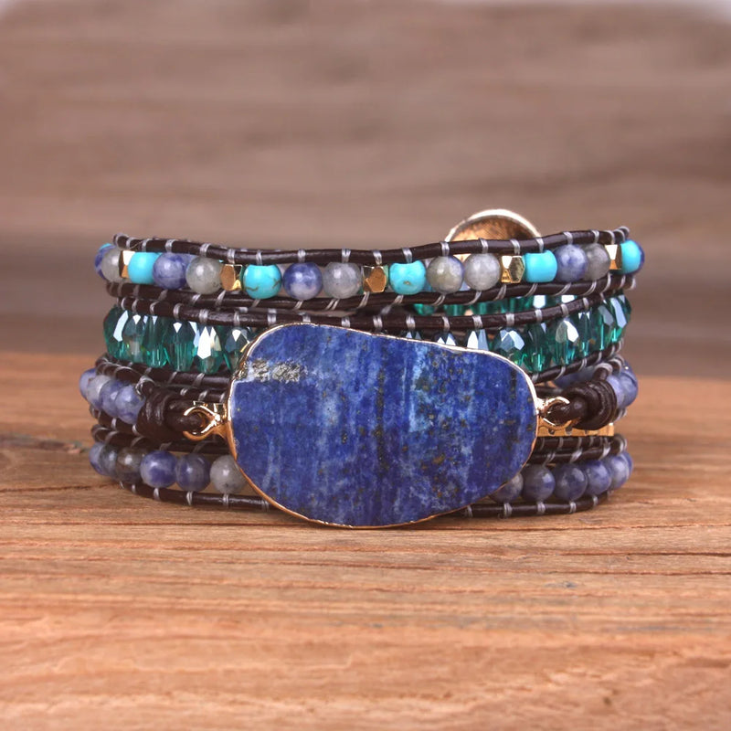 Women Leather Multilayer Bracelet Natural Lapis Lazuli 5X Wrap Boho Style