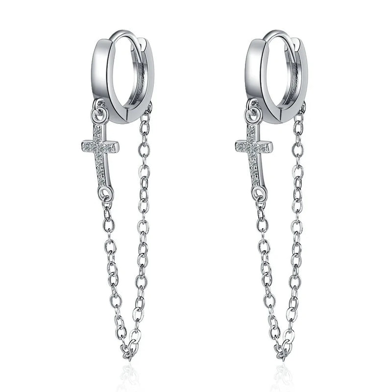 925 Silver Zircon Cross Hoop Earrings with Tassels