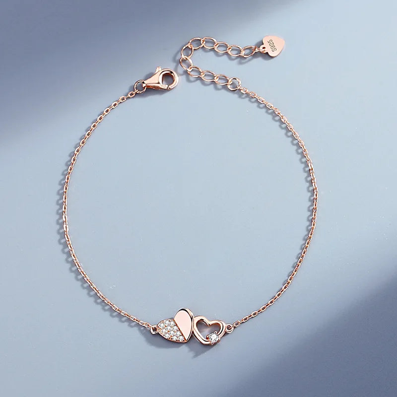 925 Silver Heart Rose Zircon Bracelet Adjustable Romantic Jewelry
