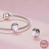 925 Silver Crystal Heart Charm Pink Bead Enamel Flower For Bracelets
