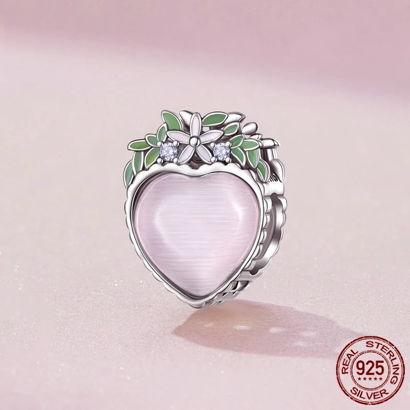925 Silver Crystal Heart Charm Pink Bead Enamel Flower For Bracelets