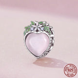 925 Silver Crystal Heart Charm Pink Bead Enamel Flower For Bracelets