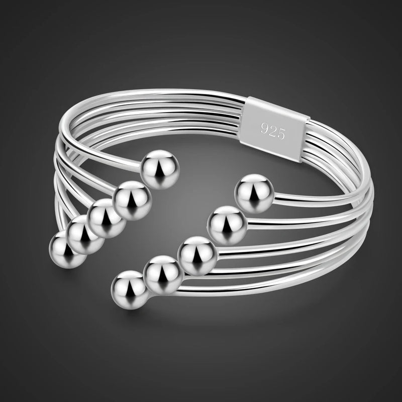 Women's 925 Silver Bead Open Bracelet Multi-Layered Solid Silver Jewelry