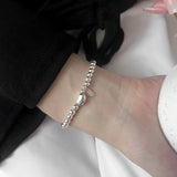 Women's S925 Silver Bracelet 4mm Beaded Heart Tag Lucky Letter Jewelry