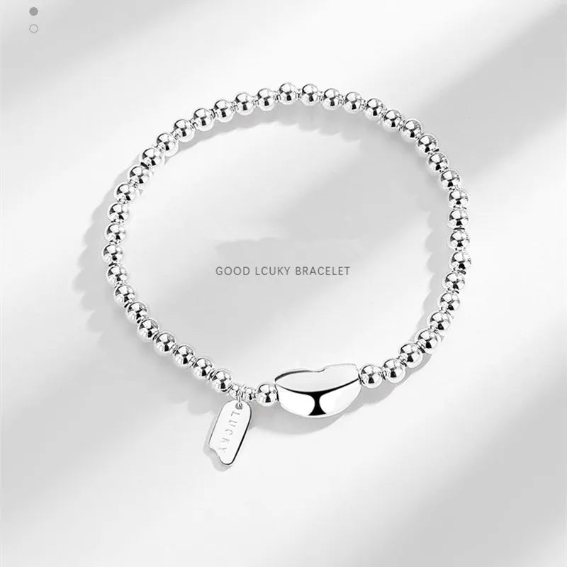 Women's S925 Silver Bracelet 4mm Beaded Heart Tag Lucky Letter Jewelry
