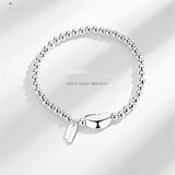 Women's S925 Silver Bracelet 4mm Beaded Heart Tag Lucky Letter Jewelry