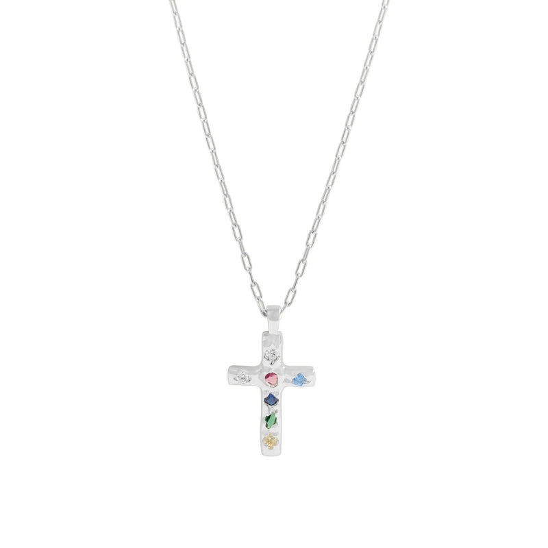 S925 Sterling Silver Cross Necklace with Pink Purple Zircon