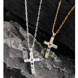 S925 Sterling Silver Cross Necklace with Pink Purple Zircon