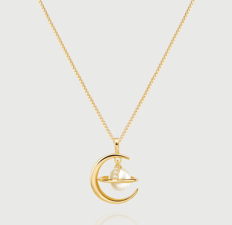 Silver Moon Pearl Planet Pendant Personality Necklace Gift