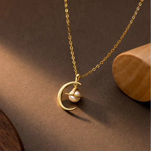 Silver Moon Pearl Planet Pendant Personality Necklace Gift