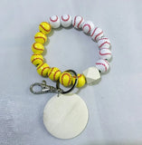Wood Beads Keychain Basketball Football Print Wooden Wristlet Bracelet Keyring