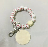 Wood Beads Keychain Basketball Football Print Wooden Wristlet Bracelet Keyring