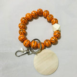 Wood Beads Keychain Basketball Football Print Wooden Wristlet Bracelet Keyring