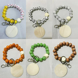 Wood Beads Keychain Basketball Football Print Wooden Wristlet Bracelet Keyring