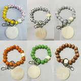 Wood Beads Keychain Basketball Football Print Wooden Wristlet Bracelet Keyring