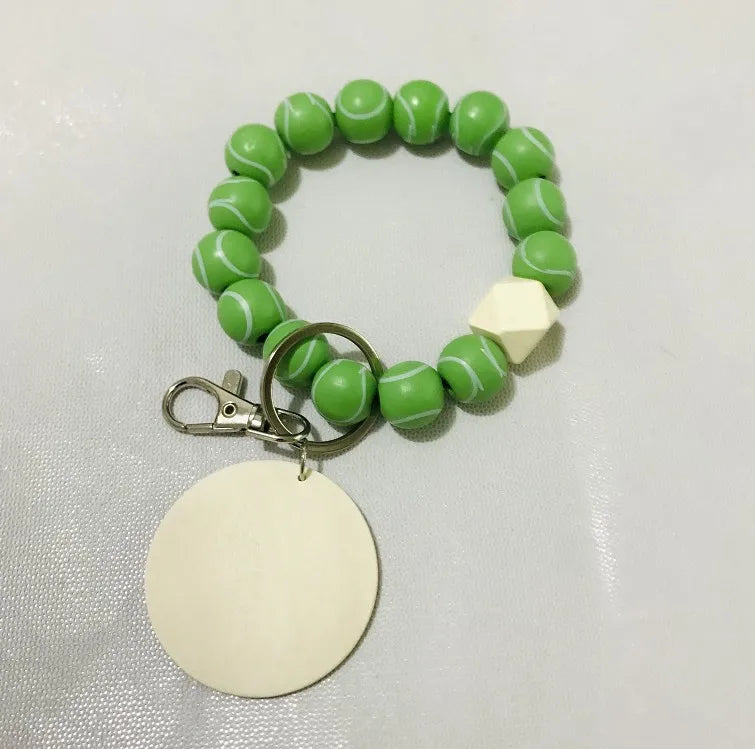 Wood Beads Keychain Basketball Football Print Wooden Wristlet Bracelet Keyring