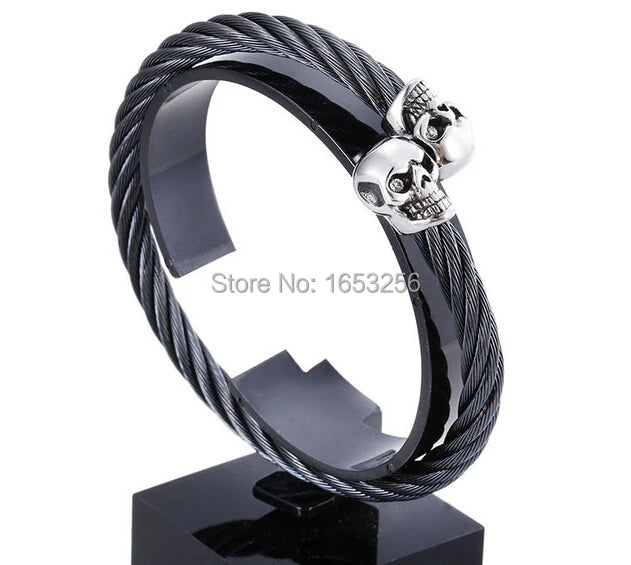 Men's Biker Skull Heads Cuff Bangle 316L Stainless Steel Bracelet