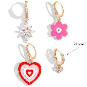 Y2k Pink Flower Heart Zircon Hoop Earrings Set For Women