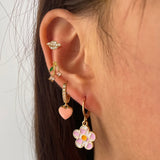 Y2k Pink Flower Heart Zircon Hoop Earrings Set For Women