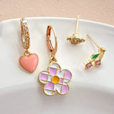 Y2k Pink Flower Heart Zircon Hoop Earrings Set For Women